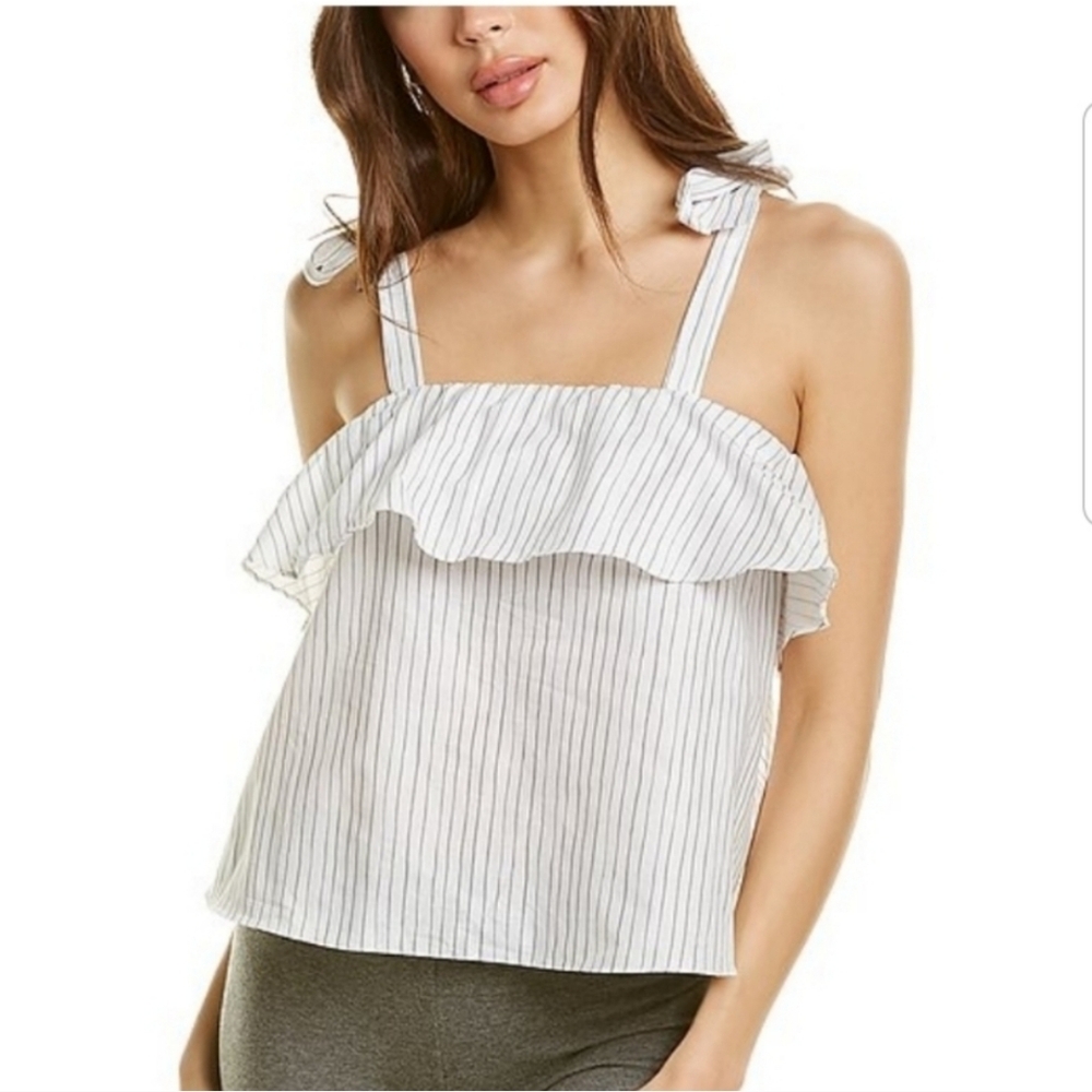 NWT Pour Les Femmes 100% Cotton Striped Ruffle Tie Shoulder Sleep Top La…